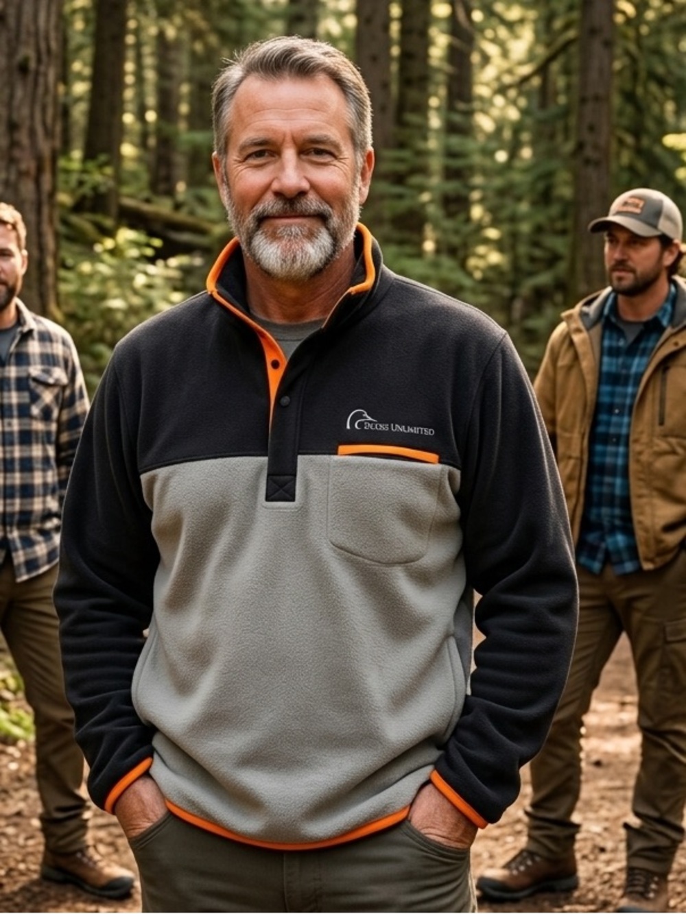 Ducks Unlimited Sweater Men's Large Grey Orange Fleece Pullover Hunting Pockets